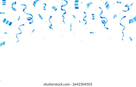 Blue confetti and ribbon, Elegant celebration background with Falling blue confetti and streamers on white backdrop.