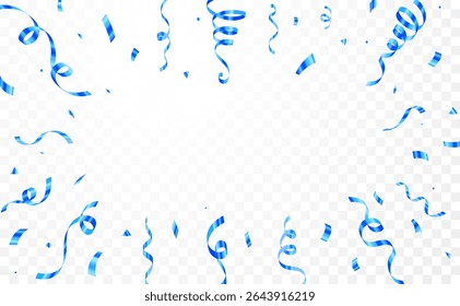 Blue confetti and ribbon explosion, Festive blue confetti and ribbons falling on transparent background, celebration design, Carnival confetti isolated on white background.