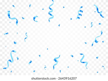 Blue confetti and ribbon falling on transparent background for party decorations. Carnival confetti isolated, Vector illustration
