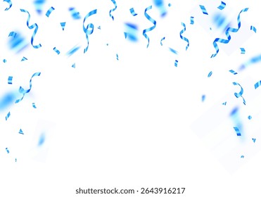 blue confetti and ribbon falling on a white celebration background. Falling shiny blue confetti isolated, Celebration carnival ribbons, confetti,