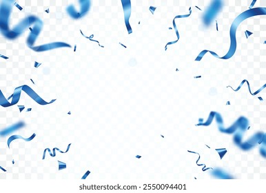 Blue confetti and ribbon, isolated on transparent background