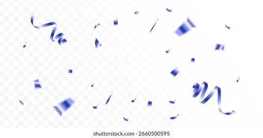 Blue confetti and ribbon streamers falling on a transparent background. blurred. Big and small,abstract frame,Vector. eps 10
