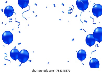 Blue Confetti And Ribbons With Realistic Balloon isolated On White Background. Celebration Event & Happy Birthday. Decoration Concept Design. Vector