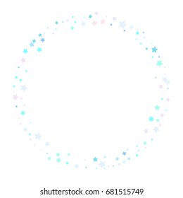 Blue Confetti stars ring frame. Scatter circle frame on white background made of blue confetti stars. Vector illustration.