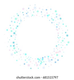 Blue Confetti stars ring frame. Scatter circle frame on white background made of blue confetti stars. Vector illustration.