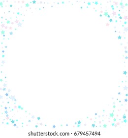 Blue Confetti stars. Scatter corner frame on white background made of blue confetti stars. Vector illustration.