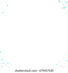 Blue Confetti stars. Scatter corner frame on white background made of blue confetti stars. Vector illustration.
