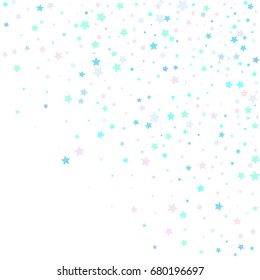 Blue Confetti stars. Scatter corner frame on white background made of blue confetti stars. Vector illustration.