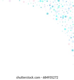 Blue Confetti stars. Scatter corner frame on white background made of blue confetti stars. Vector illustration.