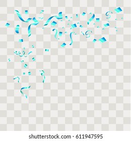 Blue Confetti  Vector Festive Illustration of Falling Shiny Isolated on Transparent Checkered Background.