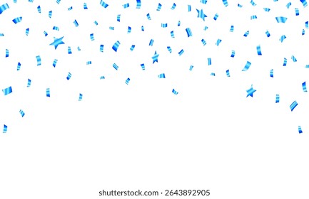 Blue confetti vector illustration. Festive blue confetti and stars falling on a white background celebration banner