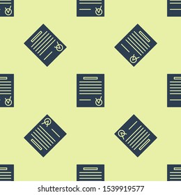 Blue Confirmed document and check mark icon isolated seamless pattern on yellow background. Checklist icon. Business concept.  Vector Illustration