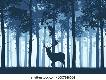 Blue coniferous forest with a silhouette of a fallow deer - vector