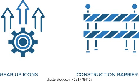 Blue construction barrier icon with warning stripes and tall poles vector illustration