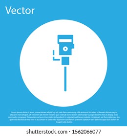 Blue Construction jackhammer icon isolated on blue background. White circle button. Vector Illustration