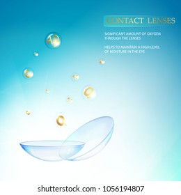 Blue contact lenses for your eye helth. Medical illustration of vitamin bubble over blue sky background and text place at the top of image. Vector illustration.