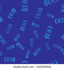 Blue Contactless payment icon isolated seamless pattern on blue background. Mobile wallet technology, nfc, wireless payment with smartphone. Vector Illustration