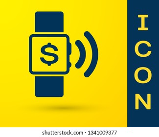 Blue Contactless payment icon isolated on yellow background. Smartwatch with nfc technology making wireless contactless transactions. Vector Illustration