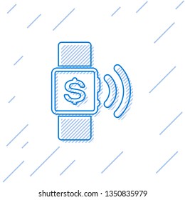 Blue Contactless payment line icon isolated on white background. Smartwatch with nfc technology making wireless contactless transactions. Vector Illustration