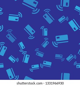 Blue Contactless payment with nfc card icon isolated seamless pattern on blue background. Card with radio wave sign. Credit card payment. Vector Illustration