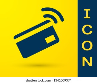 Blue Contactless payment with nfc card icon isolated on yellow background. Card with radio wave sign. Credit card payment. Vector Illustration