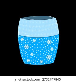 A blue container adorned with white snowflakes and floral patterns.