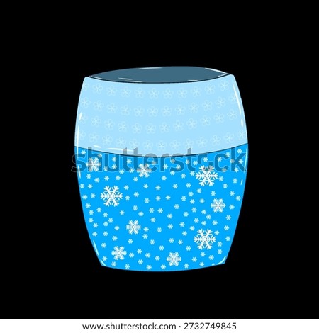 A blue container adorned with white snowflakes and floral patterns.
