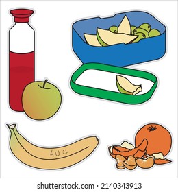 Blue container with apple, red water bottle, banana and mandarin