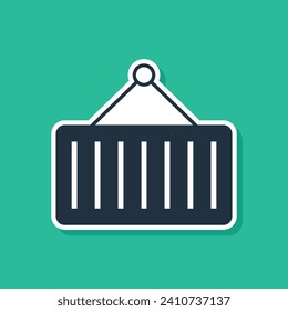 Blue Container on crane icon isolated on green background. Crane lifts a container with cargo.  Vector
