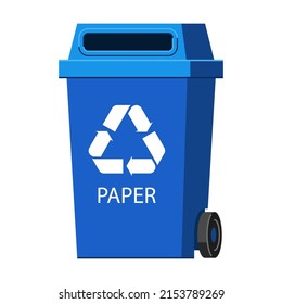 blue container for paper waste. Garbage recycle bin. Vector illustration of trash container classification. Cartoon paper trash isolated on white