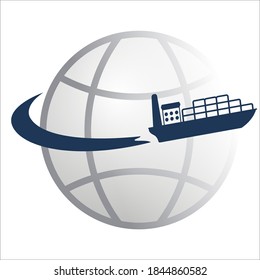Blue container ship around the globe. Logo for delivery, freight shipping maritime, commercial logistic 