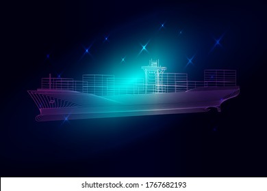 Blue Container Schiff komponiert. Digitales Meereskonzept. Vektorgrafik eines Sternenmeers oder Komos. Das Containerschiff besteht aus Linien. Verbindungsstruktur für die Wireframe-Beleuchtung.