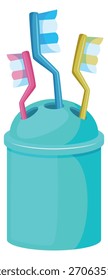 Un recipiente azul con tres cepillos de dientes