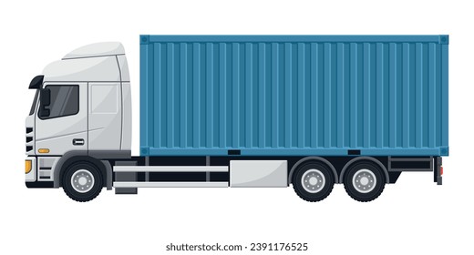 Blue container truck for export and transport of merchandise. Cargo and shipping logistics. Industrial storage and distribution of products