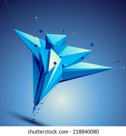 Blue contemporary technological asymmetric construction, colorful abstract dimensional background with connected lines and dots.