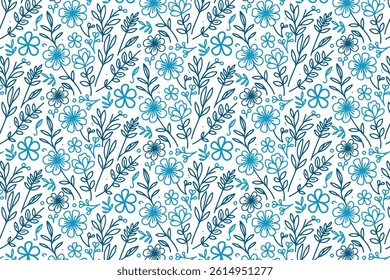 blue continuous line floral pattern with hand drawn elements for wrapping kitchen fabric fashion and home textile

