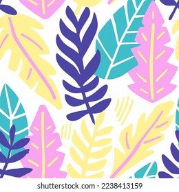Blue Continuous Nature Tropic Flora Lines Wallpaper. Pastel Repetitive Elegant Decorative Branch Leaves Print. Colorful Repeated Summer Jungle Textile Design.