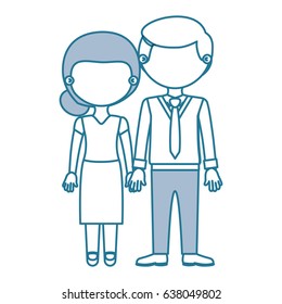 blue contour with color sections faceless couple woman with skirt and blouse with man in formal style and taken hands vector illustration