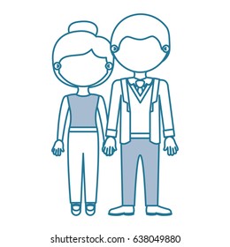 blue contour with color sections faceless couple woman with collected hair and man in formal suit with taken hands vector illustration