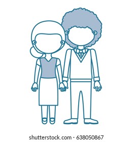 blue contour with color sections faceless couple woman with collected hair and curly man with bowtie and taken hands vector illustration