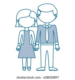blue contour with color sections faceless couple woman with short hair in dress and man with tie and taken hands vector illustration