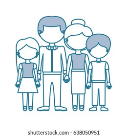 blue contour with color sections faceless family group in formal suit and taken hands vector illustration