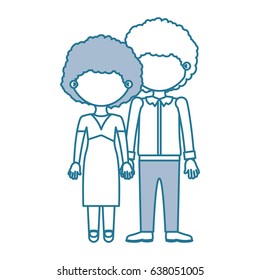 blue contour with color sections faceless curly couple taken hands vector illustration