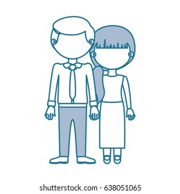 blue contour with color sections faceless couple woman with side ponytail hair and man with necktie and taken hands vector illustration