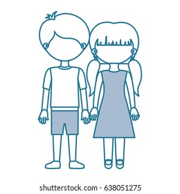 blue contour with color sections faceless couple girl with pigtails hair and boy in shorts and taken hands vector illustration