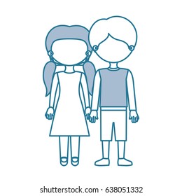 blue contour with color sections faceless couple girl with pigtails hair and boy in casual clothing and taken hands vector illustration