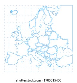 Blue contour of detailed europe map isolated on white