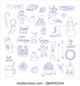 blue contour doodles winter set with wishes