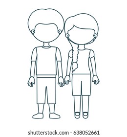 blue contour faceless couple girl with side braid hair and boy in casual clothing and taken hands vector illustration