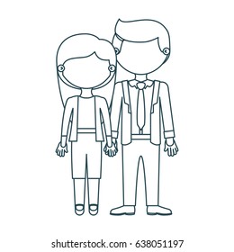 blue contour faceless couple woman with long hair with man in formal style and taken hands vector illustration